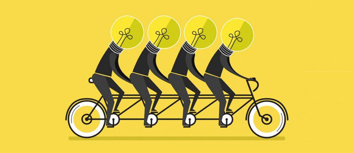 How to Nurture the Power of Creativity featured image - illustration four men with lightbulb heads cycling together in yellow background