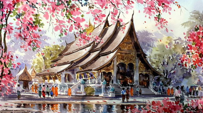 watercolor paintings - Siamese temple