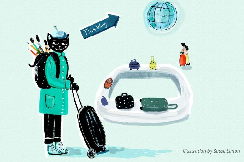 How To Move Your Design Business To Another Country featured illustration of a black cat wearing a lime green trenchcoat and carrying a luggae, globetrotting by Susse Linton