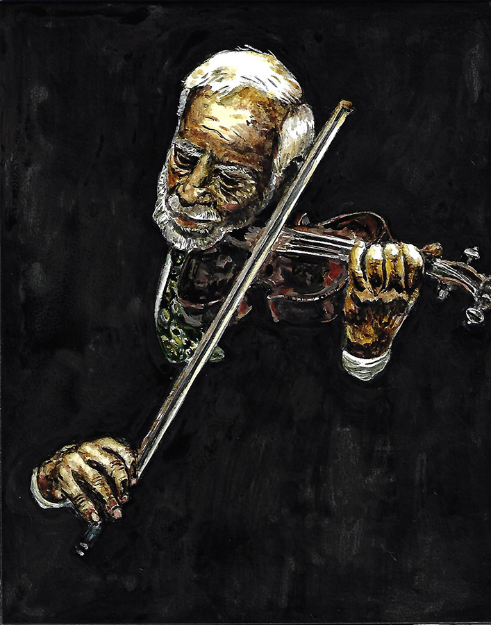 A Musician (violinist) portrait painting in dark background by Patrick Flood