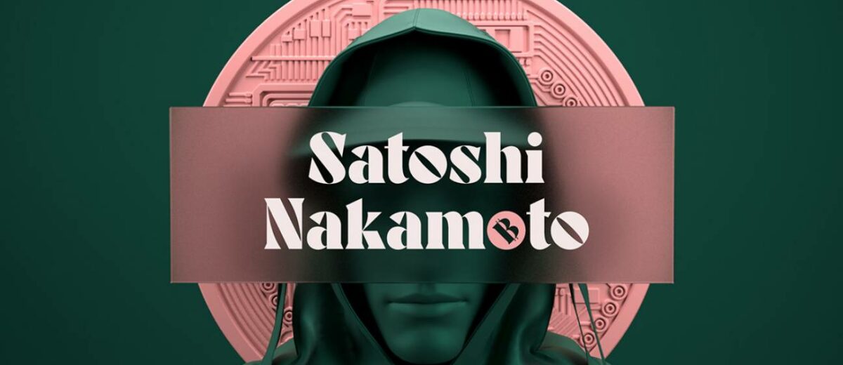 "Satoshi Nakamoto" with a pink bitcoin logo in the background written in miju typeface by Jérémie Gauthier