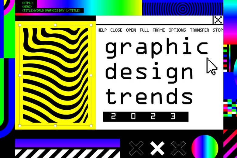 90s retro-style design image banner with RGB colors with coding-style fonts which reads "Graphic Design Trends 2023" and a pixelated mouse cursor