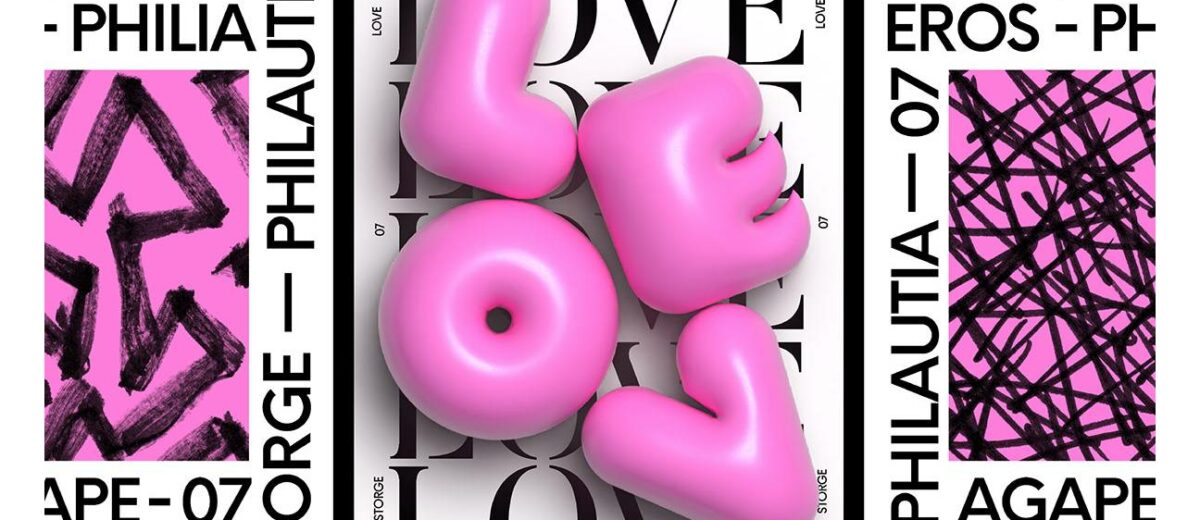 typography collection january 2023 - Love (3D typography in pink over a white background filled with black serif fonts) by Nick Barclay