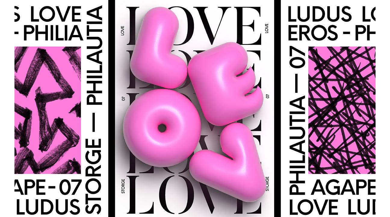 typography collection january 2023 - Love (3D typography in pink over a white background filled with black serif fonts) by Nick Barclay