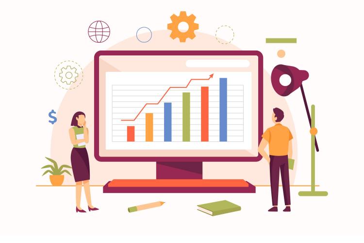 vector illustration showing two people (a female and a male) analyzing growth charts
