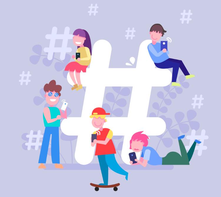 vector graphic showing young people with their smartphones hanging around a big hashtag sign
