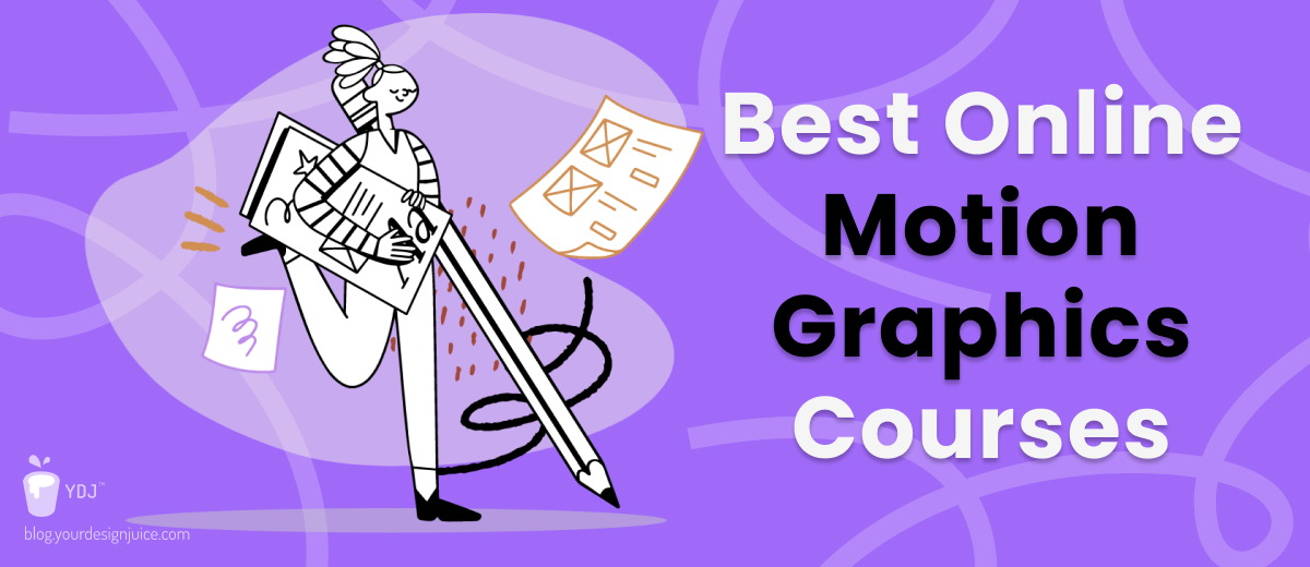vector illustration showing a female creative professional in purple background with bold text titled Best Motion Graphics Courses