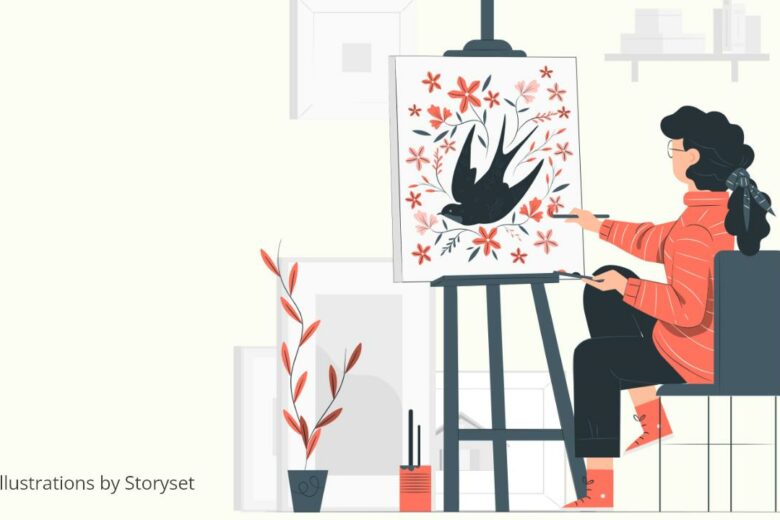 Vector graphic showing a female artist (in red sweater), creating nature art of a black swallow surrounded by red flowers and leaves on a painting canvas.