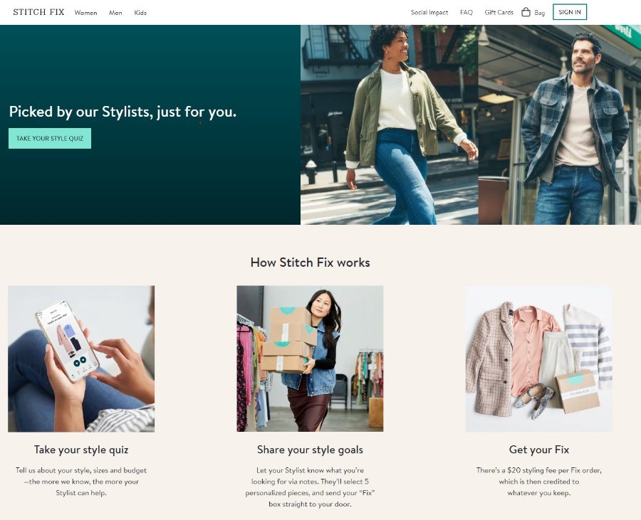Landing page website of Stitch Fix, an online fashion retail store for  men, women and kids