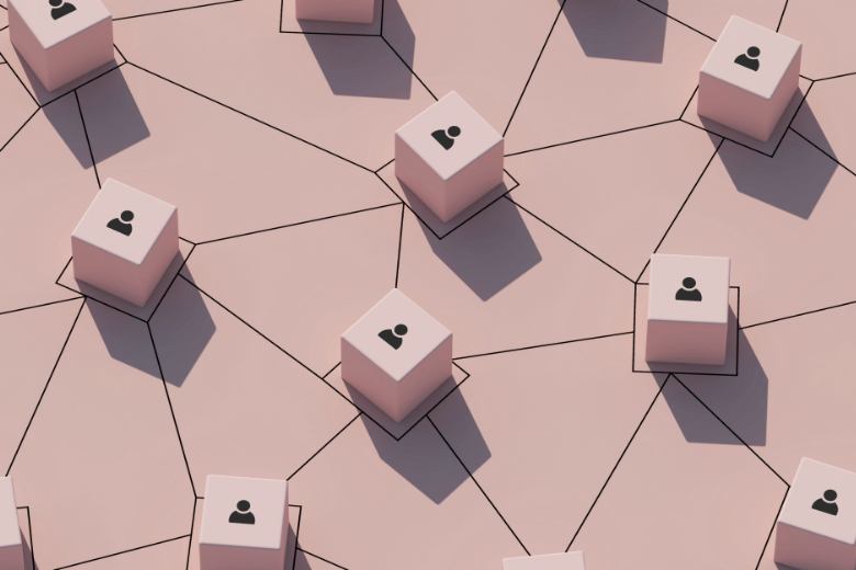 conceptual business-illustration with pink pastel blocks icons