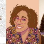 Artist, illustrator and pattern designer, Cinthia James profile photo and illustrated portrait of herself, and her award-winning book Treasure Found - An Art Journey