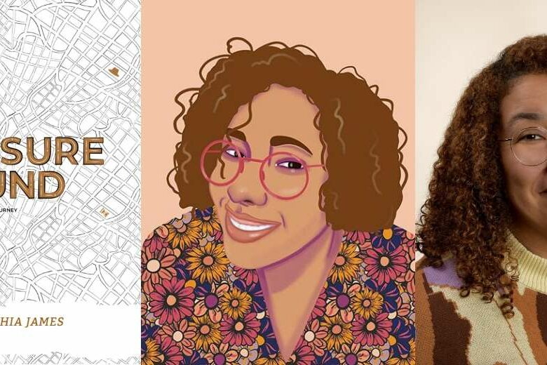 Artist, illustrator and pattern designer, Cinthia James profile photo and illustrated portrait of herself, and her award-winning book Treasure Found - An Art Journey