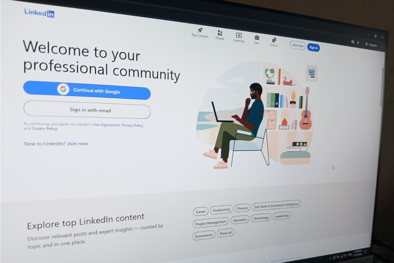 LinkedIn login and welcome page, as seen in a desktop monitor